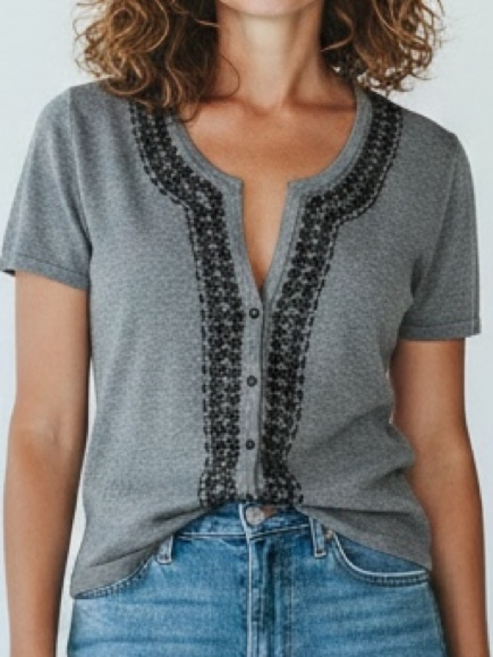 White House Black Market Silk Embellished Grey Sweater Cardigan | Size XL